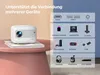 A white mini projector is shown on a pink surface, with a graphic overlay detailing compatible devices. Produktbild-Vorschau