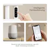 A collage showing a hand interacting with a control panel, a smart speaker, and a smartphone app, illustrating smart control features. Produktbild-Vorschau