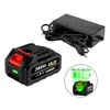 A battery pack and charger for power tools, with a diagram showing battery charge levels. Produktbild-Vorschau