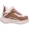 A single beige and brown sneaker with white fluffy lining and laces, shown from the side against a white background. Podgląd zdjęcia produktu