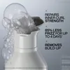 A close-up of a white shampoo bottle with foam and bubbles coming out of the top, against a light gray background with marketing text. Produktbild-Vorschau