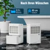 Two white dehumidifiers are shown in a bathroom setting next to a bathtub, with a plant in a pot in the background. Produktbild-Vorschau