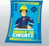 A cartoon character of a firefighter is shown on a blue background with yellow accents and text. Produktbild-Vorschau