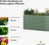 A raised garden bed filled with plants, with images and text indicating it can be used for flowers, herbs, and vegetables. Produktbild-Vorschau