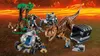 A collection of LEGO Jurassic World toys, including a Carnotaurus dinosaur, a gyrosphere vehicle, a truck, and a jungle-themed play set, arranged in a dynamic scene with a fiery orange background. Produktbild-Vorschau