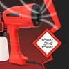 A red electric spray gun with a white container is shown, with a graphic overlay indicating airflow. Produktbild-Vorschau