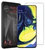 A product shot of a phone screen protector packaging and the screen protector itself, with a smartphone displaying a colorful wallpaper. Produktbild-Vorschau
