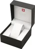 An open black box with white interior, designed to hold a watch. The lid of the box is open and shows a logo and text. Náhľad obrázku produktu