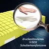 A mattress with a hand pressing on it, magnified to show its texture and properties, with text overlays. Produktbild-Vorschau