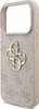 A close-up, angled view of a beige iPhone case with a repeating Guess logo pattern and a large Guess logo in the center. Anteprima dell’immagine prodotto