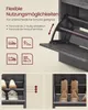 A close-up view of a gray shoe cabinet with its door open, showing adjustable shelves and icons representing different shoe types. Below, two smaller images show the interior of the cabinet with shoes and boots. Produktbild-Vorschau