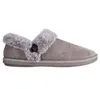 A single gray slipper with faux fur trim and a button detail, shown from the side against a white background. Produktbild-Vorschau
