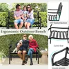 A collage of images showing an outdoor bench with people and a dog, along with close-ups highlighting its features. Podgląd zdjęcia produktu