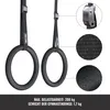 Two black gymnastic rings with straps and buckles are shown, with close-up views of the strap material and buckle. Text at the bottom provides product specifications. Produktbild-Vorschau