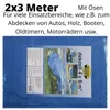 A blue tarp is shown with packaging and text describing its features and dimensions. Produktbild-Vorschau