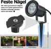 A collage showing a garden spotlight, its stake, and examples of its use in outdoor lighting scenarios. Náhled obrázku produktu