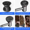 A four-panel image showing the installation and use of a hair dryer diffuser attachment. Produktbild-Vorschau