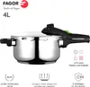 A Fagor 4L stainless steel pressure cooker is shown against a white background, with feature icons and text below. Podgląd zdjęcia produktu