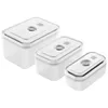 Three white plastic food storage containers of varying sizes are arranged diagonally on a white background. Produktbild-Vorschau