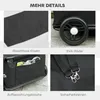 A collage of four close-up images showcasing different features of a black dog stroller, with German text labels. Produktbild-Vorschau