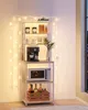 A kitchen shelving unit filled with kitchen appliances and decorative items, with string lights decorating the sides. Náhled obrázku produktu