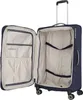 An open navy blue suitcase with a beige interior, showing the storage compartments and straps. Produktbild-Vorschau
