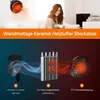 A woman is sitting on a couch holding a mug, with a wall-mounted heater in the background. Below, a diagram illustrates the heating mechanism of the product. Produktbild-Vorschau