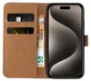 A brown leather wallet-style phone case is open, showing slots for cards and cash, and a smartphone is inserted. Produktbild-Vorschau