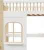 A close-up of a white wooden loft bed with a small window and a shelf. Produktbild-Vorschau
