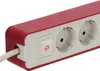 A close-up shot of a red and white power strip with two outlets and a power switch. Produktbild-Vorschau