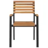 A front view of a single outdoor chair with a wooden seat and backrest, and a dark metal frame. Produktbild-Vorschau