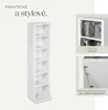 A collage showing a tall, narrow white bookshelf designed for CDs and two close-up views of the bookshelf's interior shelves and its capacity. Náhled obrázku produktu