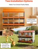 The image shows two installation options for a chicken nesting box: hanging and floor-standing. The top part shows the hanging option mounted on a wall, and the bottom part shows the floor-standing option in a grassy outdoor setting with chickens. Náhled obrázku produktu