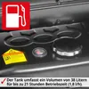 Close-up view of a fuel tank cap, fuel gauge, and warning sticker on a black surface, with a fuel pump icon in the upper left corner. Produktbild-Vorschau