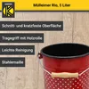 A close-up of a red polka-dot bucket with text overlays describing its features. Produktbild-Vorschau