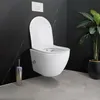A modern bathroom setting with a wall-mounted toilet and a toilet brush. Produktbild-Vorschau