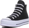 A black high-top sneaker with a white platform sole and white laces, shown against a white background. Voir les images du produit