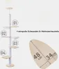 A white cat tree with wooden platforms and hammocks, with numbered labels pointing to different parts. A separate image shows a wooden oval platform with dimensions. Produktbild-Vorschau