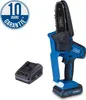 A cordless chainsaw and its battery pack are displayed against a white background, with a warranty badge in the upper left corner. Voir les images du produit