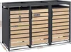 A three-unit trash bin enclosure with wooden-look doors and a planting roof, shown with measurement annotations. Produktbild-Vorschau