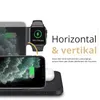 A wireless charging station with an iPhone and Apple Watch on it, with text describing its features. Produktbild-Vorschau