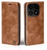 A brown flip-style phone case is shown from two angles, one closed and one open to reveal the phone's camera. Produktbild-Vorschau