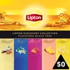 A marketing image for Lipton Discovery Collection flavored black teas, showcasing five different tea varieties with their respective ingredients and branding. Produktbild-Vorschau