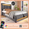 A bed with LED lighting and a smartphone app interface shown in the foreground. Produktbild-Vorschau