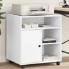 A white printer stand with a printer on top, and books and storage bins on shelves. Voir les images du produit