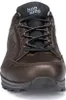 A close-up front view of a brown leather hiking shoe with black laces. Produktbild-Vorschau