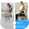 Split image showing two women sitting in office chairs, one with poor posture and the other with good posture, with text overlays highlighting product benefits. Produktbild-Vorschau