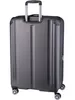 A back view of a dark gray suitcase with a retractable handle and four wheels. Produktbild-Vorschau