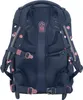 The back view of a dark blue backpack with a polka dot pattern. Voir les images du produit