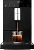 A black coffee machine is brewing coffee into a clear glass. Produktbild-Vorschau